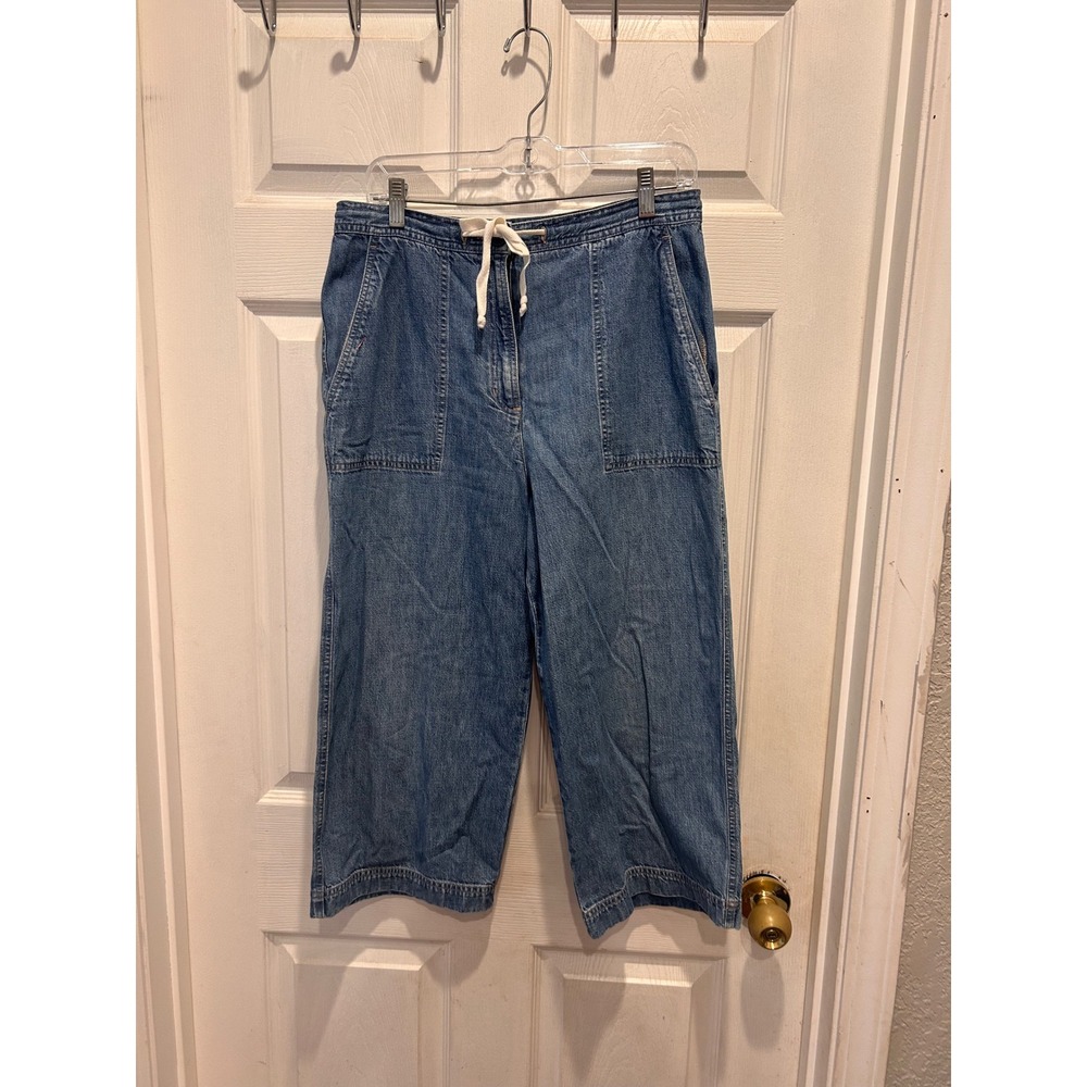 Jones Jeans Womens 10 Blue Wide Leg Cropped Denim Pants Drawstring Patch Pockets
